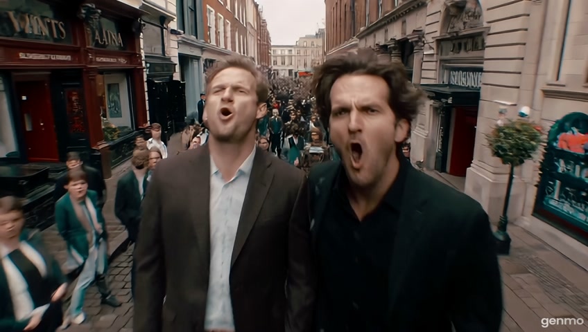 There is a crowd of around 50 people in an old London street, the camera slowly flies towards them from a distance, drone-style. As it gets closer, the people look up and angrily shout "leave us alone" and begin to throw objects at it while gradually dispersing and running away as the camera hovers and captures the scene from above.