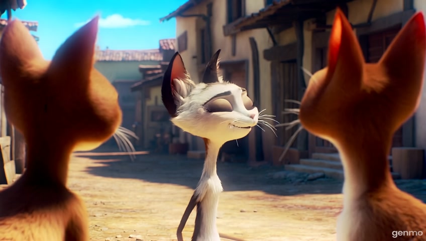 A skinny white female cat stands gossiping with two plain female cats on a dusty village street in Latin America. The white cat is smirking and laughing, pointing at someone in the distance. Cartoon style, daylight.