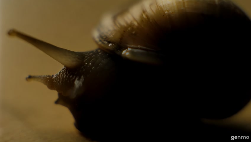 Close-up of a snail with a shell spiraling to the left; dramatic macro shot, moody lighting