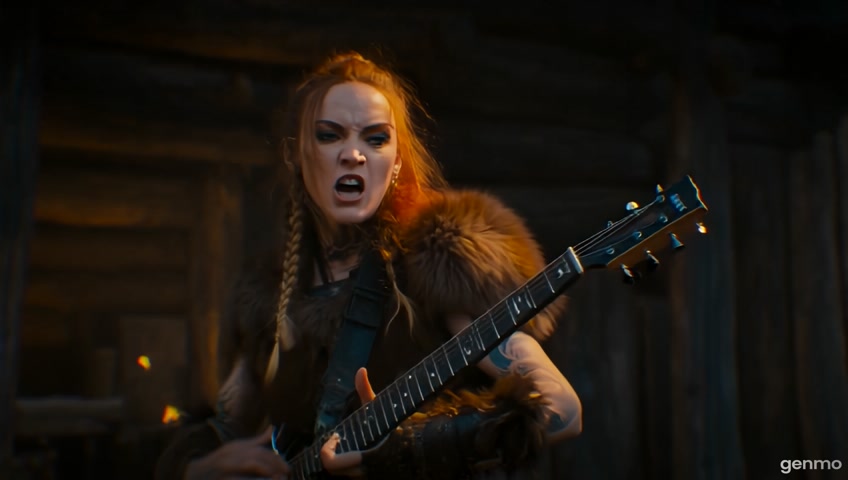 A cinematic two-part scene of a fierce Viking woman warrior with tribal tattoos and braided reddish-blonde hair, dressed in fur-lined armor. In the first scene, she is in a dark wooden longhouse, preparing for battle by tuning her weapon – a black death metal electric guitar shaped like a battle axe. Dramatic lighting and slow camera movement as she straps the guitar to her back.
Transition to the second scene: a misty Norse battlefield at dawn. Viking warriors clash in the background. The woman storms forward, gripping her guitar like a weapon. She swings and strums it, and every power chord sends shockwaves through the battlefield. Her war cry merges with the heavy metal riffs. Dynamic motion, cinematic camera angles, moody epic lighting.