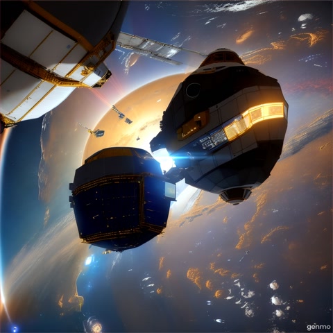 Simulation footage or graphics of a spacecraft facing a problem (e.g., damaged solar panel, re-entry anomaly). AI interface elements could appear on screen, showing data processing.)