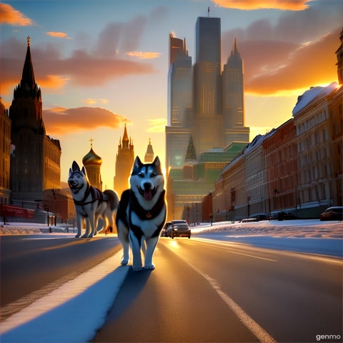 A huge Siberian husky, taller than houses, walks through Moscow against the background of the evening sunset. Huskies should be taller than houses