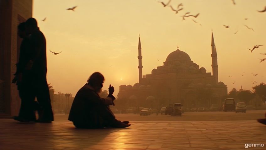 "Scene 1: An old, tired beggar is sitting outside a mosque at sunset, looking hopeless and hungry. People walk past him without noticing. The environment is dusty, warm tones, birds flying, and the call to Maghrib prayer echoes softly in the background.