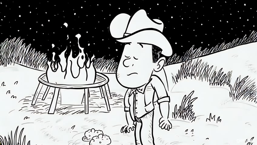 A black and white line drawing style video of a skin spinning around a fire, reaching a cowboy blush, blushing and blushing, and the skin getting scared and giving up