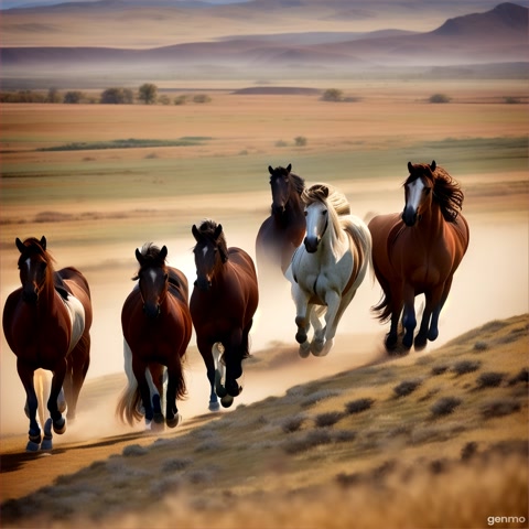 An aerial shot of a herd of wild horses galloping across an open plain. The camera captures the power and freedom of the animals against a backdrop of mountains.