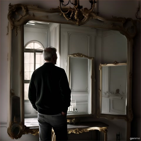 "A young man explores a decaying, cobweb-filled mansion. He finds a large antique mirror leaning against the wall. An old man with sunken eyes watches from the shadows."