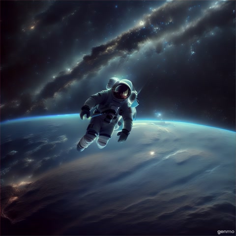 A lone astronaut floating in deep space, cinematic lighting, 360 camera angle, ultra realistic, dark starry background