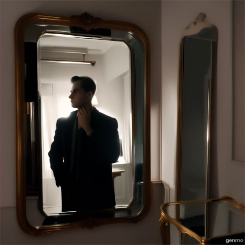 Inside a dim apartment, a man hangs a beautiful old mirror. As he looks at it, a shadowy figure faintly appears behind him in the mirror, but no one is actually there."