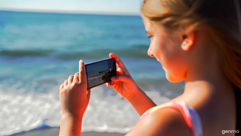 A girl runs along the beach and takes a video of herself on a selfie and the camera tries to focus many times and shakes a little and there is a rolling shutter effect