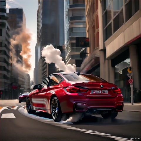 m4 f82 dirfting in the city whit alot of smoke coming from rear tires   and  colour of red  ont he car