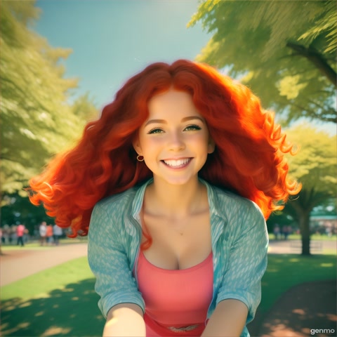 Make cartoon. Толстенькая девушка с копной кудрявых рыжих волос делает кувырок