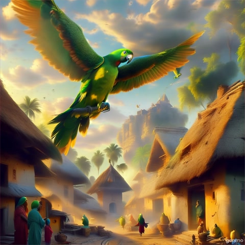 A large green parrot flying over a small rural Indian village with mud houses, people looking up surprised, realistic style, natural lighting, early morning sky