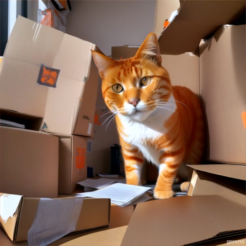 A orange cat.A cardboard box labeled “DO NOT ENTER” is on the floor. A fluffy cat is half inside the box, with its tail wagging and papers scattered around it. The room looks slightly messy from the cat’s mischief.