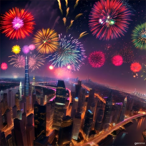 An aerial shot of a vibrant fireworks display over a bustling city skyline at night. The camera captures the explosion of colors reflecting off skyscrapers and a river below, creating a dazzling spectacle.