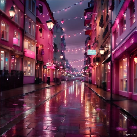 A gentle, endless rain falls over a dreamy, pastel pink cityscape suspended in twilight. The raindrops glisten like tiny crystals, glowing faintly with soft rose and lavender hues as they descend in slow motion. The cobblestone streets shimmer with reflections of floating lanterns and neon signs in delicate pinks and purples. Umbrellas drift lazily through the air, untouched by any hand, spinning slowly in the quiet drizzle. Petals—light as whispers—glide alongside the rain, dissolving before they touch the ground. The air hums with a soothing, magical resonance, as if the rain itself is singing a lullaby. Everything is soft, glowing, timeless—falling gently in an endless, enchanted loop