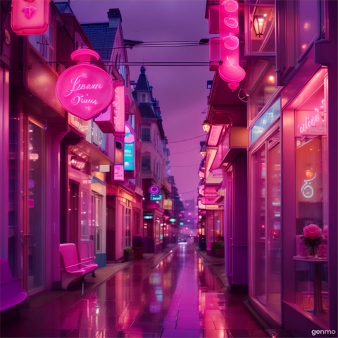 A soft pink rain falls gently over a quiet, dreamy city at dusk. The sky glows in warm shades of rose and mauve, blending into lavender clouds. Neon signs flicker calmly in pastel tones, their reflections rippling on wet pavement below. A cozy café window glows from the inside, where a figure in headphones sips tea, lost in thought. Steam curls lazily into the rain-soaked air. Vinyl crackles softly in the background, blending with the rhythmic patter of rain on rooftops. Paper lanterns float slowly across the sky, glowing like tiny stars. Everything moves in slow motion, looping gently—a perfect lofi moment suspended in soft, magical stillness