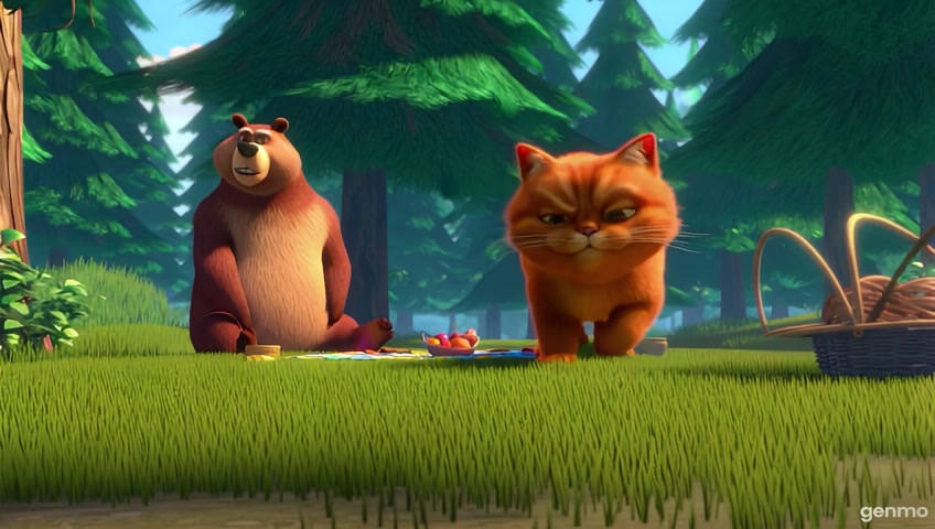 cria um video de um gato laramja roubando comida de um urso e o insltando
