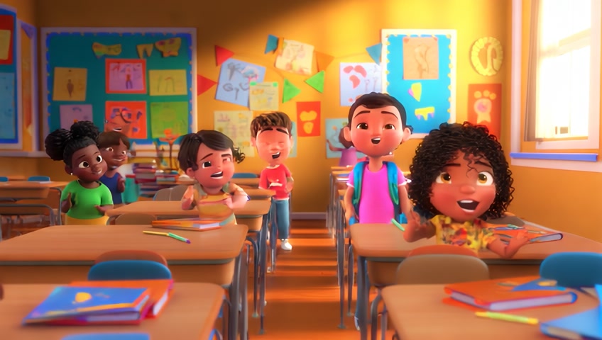 Una escena animada estilo caricatura infantil, muestra un aula de clases con varios niños y niñas de diferentes razas, muchos de ellos cantando con alegría. Todos están de pie junto a sus pupitres, aplaudiendo y cantando en coro, con sonrisas grandes y expresivas. El fondo es un salón escolar colorido con carteles, pizarras y dibujos en las paredes. Hay libros, mochilas y colores sobre los escritorios. Luz cálida entra por las ventanas. Los niños están animados, algunos con las manos arriba, otros moviéndose al ritmo de la música. Todos tienen expresiones felices, como si estuvieran cantando una canción divertida juntos. Estilo infantil animado, colores vivos, ambiente alegre.
