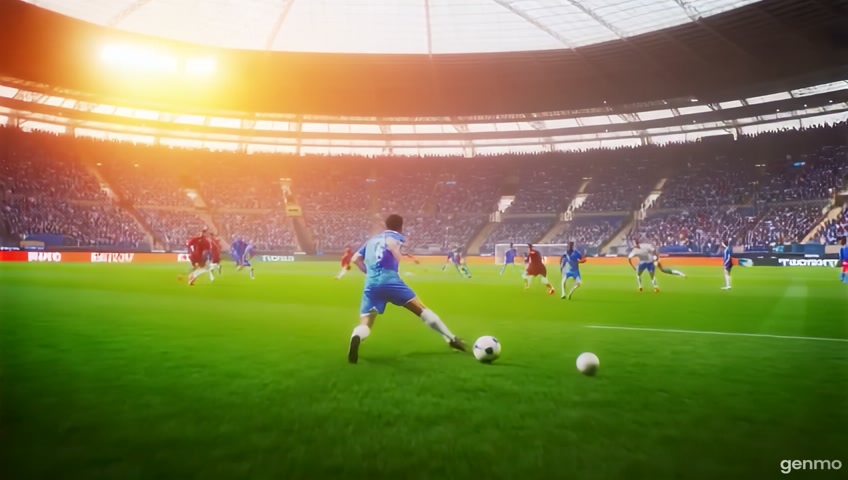 A cinematic football scene in a packed modern stadium at sunset. The field is glowing with perfect green grass under golden light. Legendary and current football players from different clubs and eras are all present on one pitch: Lionel Messi (Inter Miami), Cristiano Ronaldo (Al Nassr), Kylian Mbappé (PSG), Mohamed Salah (Liverpool), Jude Bellingham (Real Madrid), Erling Haaland (Man City), and icons like Ronaldinho, Zidane, Beckham, Thierry Henry, and Pelé. The camera moves in slow motion as the players showcase stunning dribbling, fast-paced runs, powerful long shots, and artistic passing. Crowd cheering, cinematic lighting, close-up shots of footwork and emotions. Players wear different club jerseys, playing together in harmony. The background music is epic, with dramatic bass and strings.
The atmosphere is emotional, intense, and inspiring — like a dream match between legends and stars. Add fog, spotlight effects, and camera shake during goals and shots
