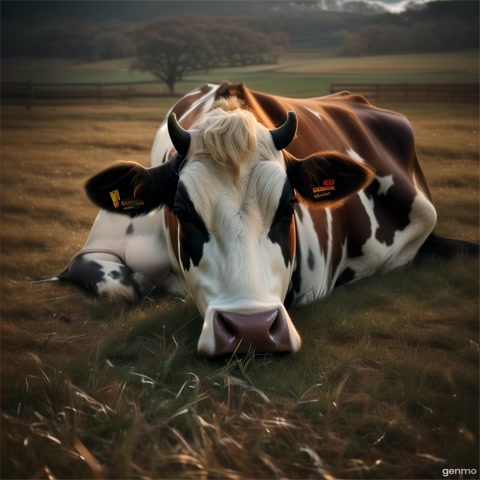 A cow lying on the ground, tears in her eyes, legs trembling, no one around helping, sad emotional scene, realistic, low light setting