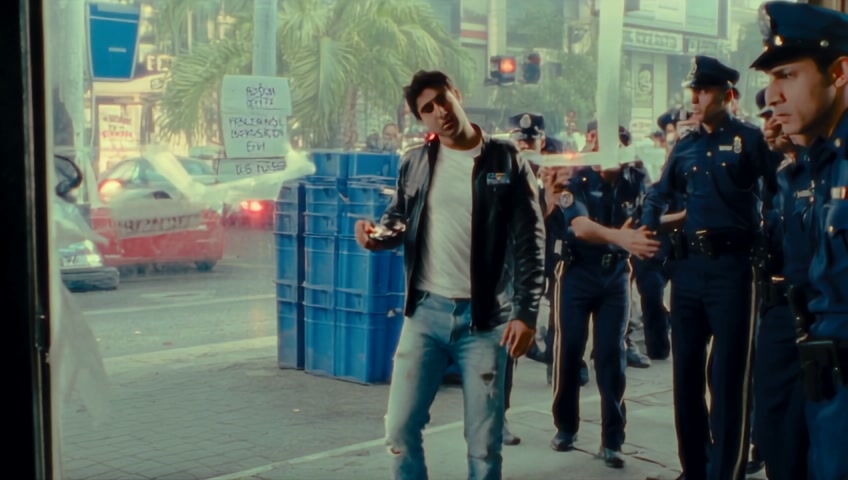The video is a gritty cinematic look,the main character named Rajveer is a young good looking, light skinned Indian police officer aged 28, with nice wavy hair and looks kind of like Bollywood actor ranbir kapoor. Rajveer is wearing blue jeans and a white T-shirt with a leather jacket, with a cop gun and badge on his hip, and walks into a convenience store that is police taped off, he is walking into do an investigation and as he walks in and takes off his sunglasses, he sees a cute little boy on a stool behind the counter with a blood stains on his shirt and hands. Surrounded by two officers trying to console him. Rajveer walks up to the little boy and squats down and asks him his name
