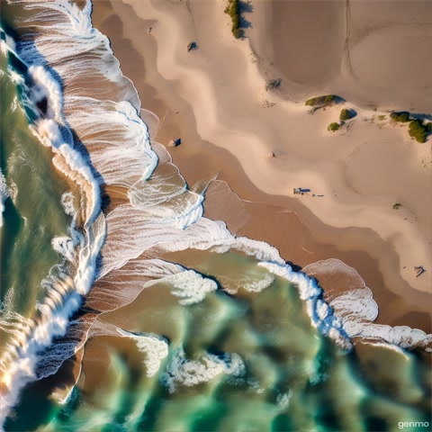An aerial shot of a coastline where waves create patterns on the sandy beach. The camera moves along the shore, highlighting natural art.
