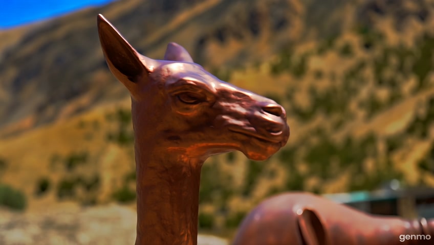 Generate a cinematic video where  A LLAMA ANDINA ES VISTA DESDE UN ANGULO DE GIRO DE CAMARA DE 380 GRADOS, Y ES TOTALMENTE DE COBRE, LA LLAMA ESTA ESTATICA