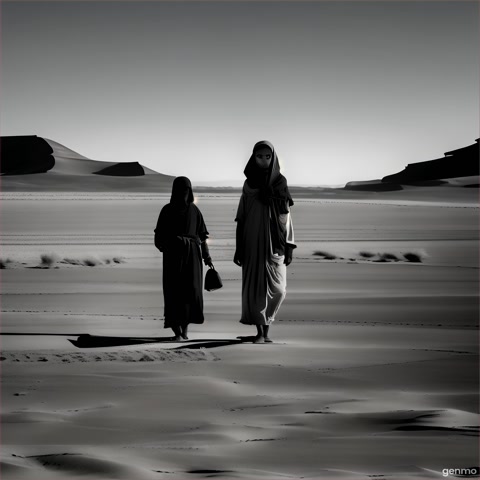 A black screen fades into a vast, dark desert under a starless sky. Cold wind stirs the sand as the camera glides low over the dunes. Groups of ancient Egyptians walk aimlessly with tired faces and hopeless expressions. There is no sunlight. Shadows stretch across the landscape. The tone is melancholic, abandoned, eerie. Camera movement is slow and cinematic.