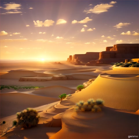 touches the sand, and the air begins to shimmer. Ancient Ra appears floating above the dunes in his classic divine form—radiant and powerful, glowing with solar energy. The people stop and stare, faces full of awe and hope. Slowly, the desert begins to turn into green, fertile land. The camera lifts upward as sunlight fills the scene. The music and mood swell with light and warmth.