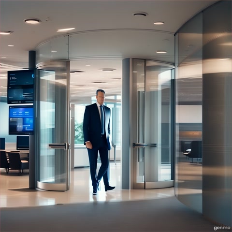 A modern 2025 bank interior—sleek, digital, full of glass and AI-driven systems. The same man (now de-aged) enters and attempts the same robbery. Instantly, facial recognition and security AI lock onto him. Screens show alerts and real-time tracking. Automatic doors lock. Calm, confident security approaches and stops him. The camera moves smoothly with high-tech overlays and glitch animation. Tone is sharp, efficient, futuristic.
