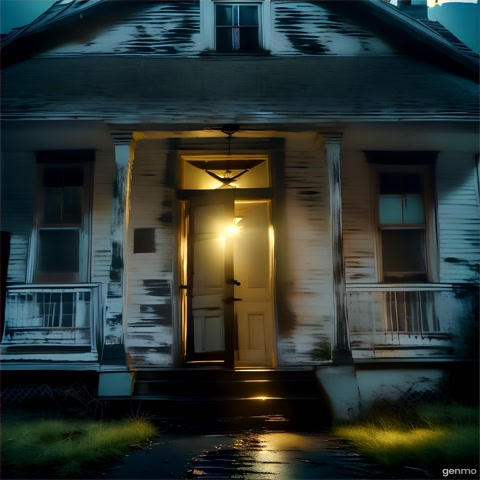 zooming into a scary house to a bright interior