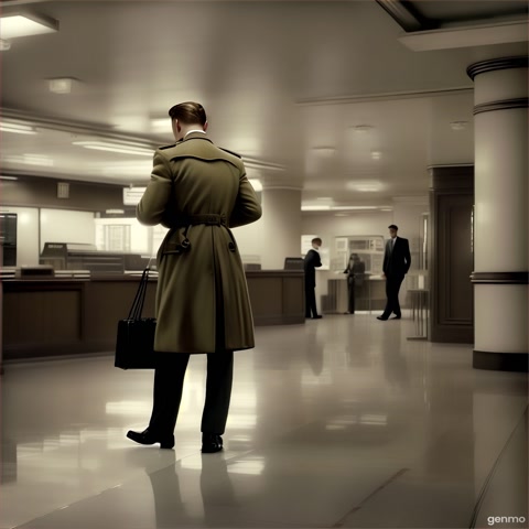 A grainy, 1950s-style bank interior in muted tones. A man in a trench coat enters casually. He quietly commits a theft—no alarms, no security. Employees notice too late, panicking. The camera is still, and the scene feels slow and disorganized. Retro lighting and vintage filters create a sense of vulnerability and chaos.