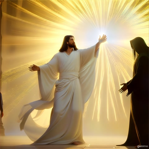 Jesus protecting a man from a demon