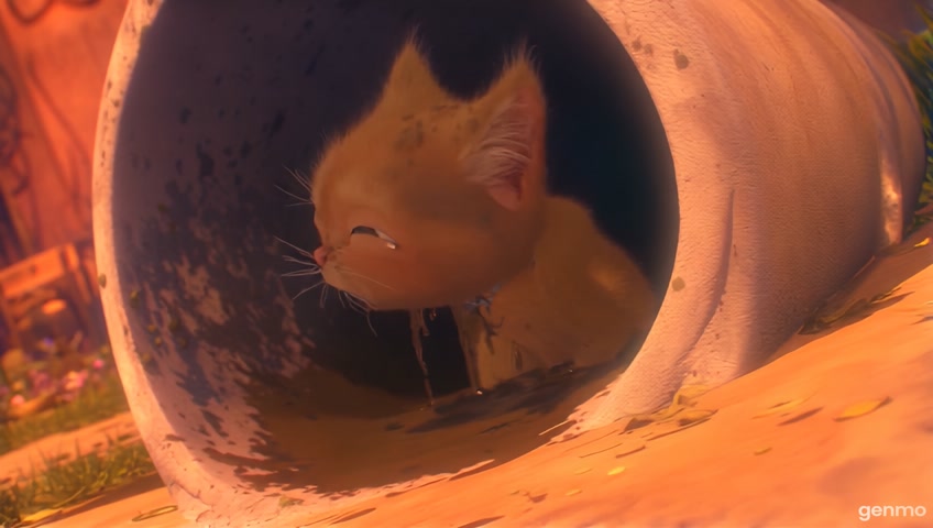 A cute, tiny yellow kitten with big, round eyes is stuck in a muddy drainpipe, struggling to climb out. Its fluffy yellow fur is covered in mud, and its little legs are submerged, unable to move. The kitten is crying with fear and distress, looking very pitiful. Anime style, vibrant and cute colors, realistic and warm lighting, 16:9 aspect ratio. Zoom in and walk together to the left