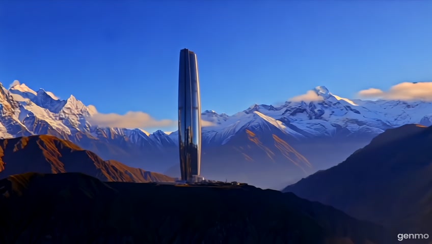 Toma la imagen como referencia actúa como experto en creación de prompts para generar imágenes. Crea una instrucción para una inteligencia artificial que genere un excelente video de un rascacielos en el Himalaya entre 5 y 10 segundos