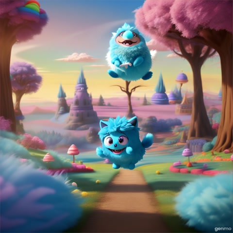 cartoon style shot of a cute little blue fluffy cartoon monster trying to catch a flying chocolate candy