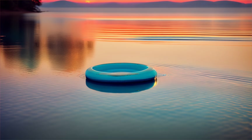View from a distance - a round water droplet falls into a still neon blue and turquoise lake at sunset