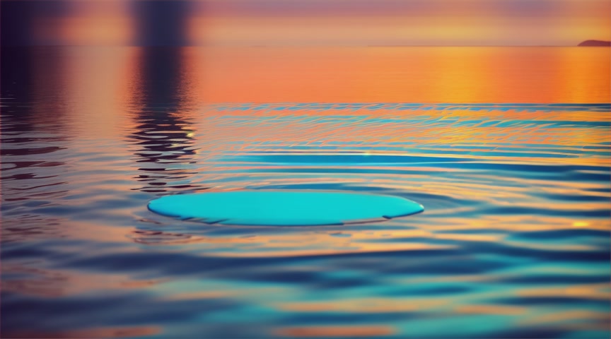 View from a distance - a round water droplet falls into a still neon blue and turquoise lake at sunset