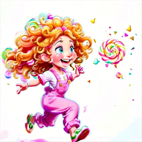the shot of cartoon style girl with blonde curly hair and pink jumpsuit running and jumping trying to get the candy and then catching this candy and smiling at the camera