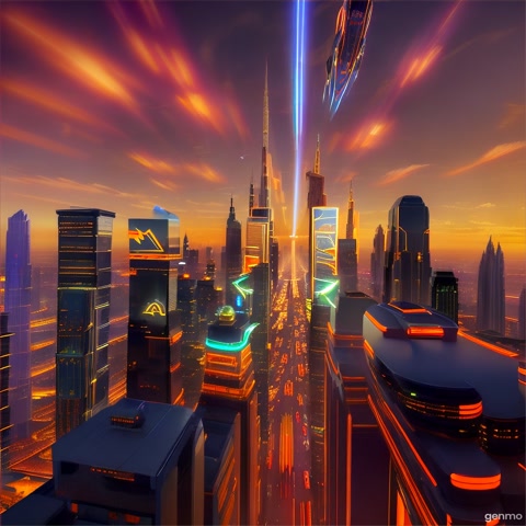 A cinematic aerial shot of a vast, futuristic city at sunset. Neon lights reflect off glass skyscrapers. Flying cars zoom through the air as clouds drift past. The scene has a golden-orange glow, with detailed textures and smooth camera movement, like a movie trailer intro. 4K resolution, realistic lighting, soft depth of field, atmospheric