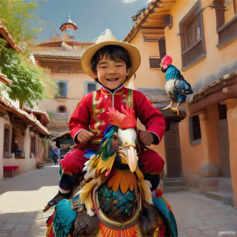 "A small boy happily sitting on top of a big rooster like he's riding a horse. The boy is laughing and wearing colorful traditional clothes, and the rooster looks confused but proud. The background is a village courtyard with people watching and smiling — cartoonish, funny, and vibrant style."