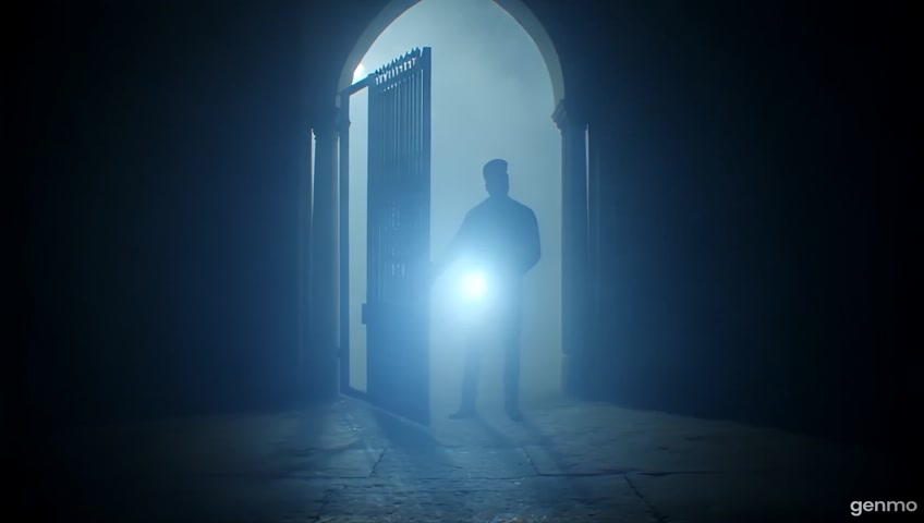 Wide cinematic shot of Detective Aarav standing at the fog-covered entrance of the haveli. He pushes the creaking gate open and walks in with a flashlight. Camera follows him from behind. As he enters, the gate slams shut behind him. Fade to black