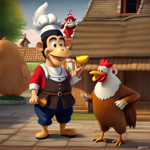 "A monkey dressed like a village chef, holding a spoon and standing next to a big rooster, acting like he's about to cook — but both are laughing like best friends. Cartoon style, funny village background."