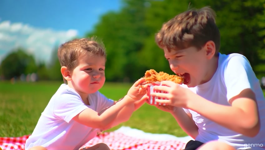 Create 20 sec portrait video of kids having fried chicken in a bucket in a park