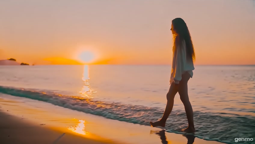 beautiful woman with long hair walking on the beach