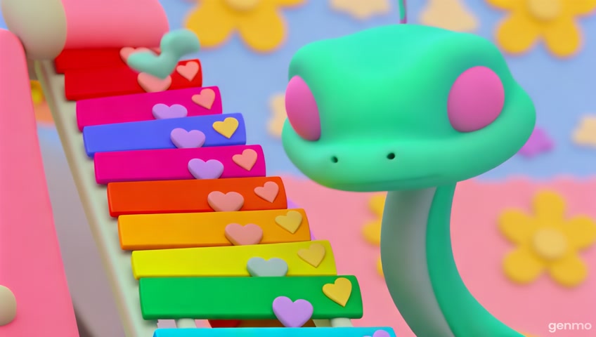 Description:Slinky the snake, soft and pastel green with rosy cheeks, gently taps a rainbow xylophone using a plush tail tip. Glitter and hearts appear above each key. Background is a nursery play mat with flower shapes.
Caption:"Sss-super song time!"