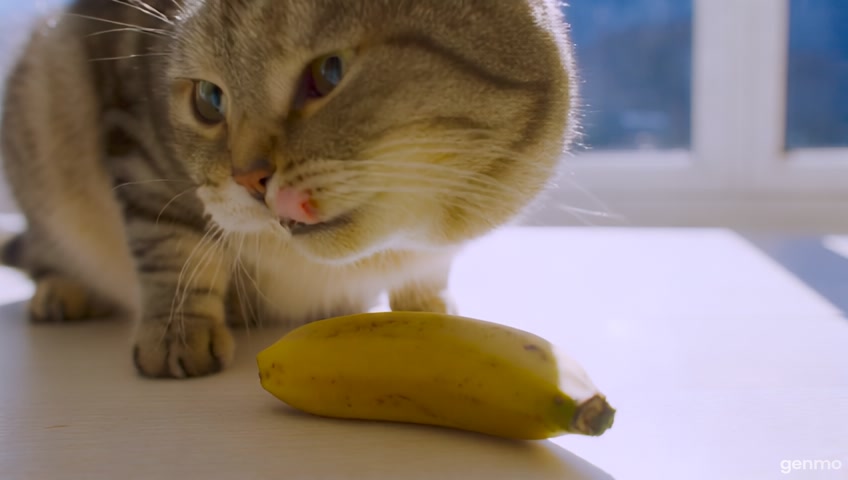 create a banana and cat mixing viedo full hd and crystal type while converting them into one picture