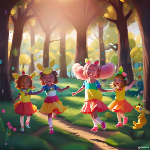 Action: Labubu dancing with kids and giggles.
Expression: Mischievous, wide-eyed, cute smile.
Prompt:

“Cute cartoon monster named Labubu dancing with kids in a colorful forest, fuzzy ears, big smile, sparkly eyes, playful and bright kids animation style”