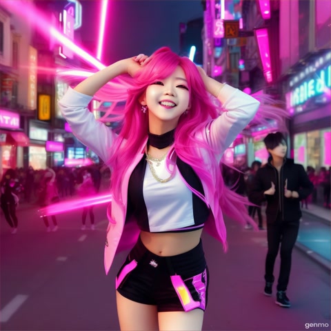 K-pop idol with pink hair dancing on a steat, cute pop star, sparkling background, upbeat camera movement, vivid lighting