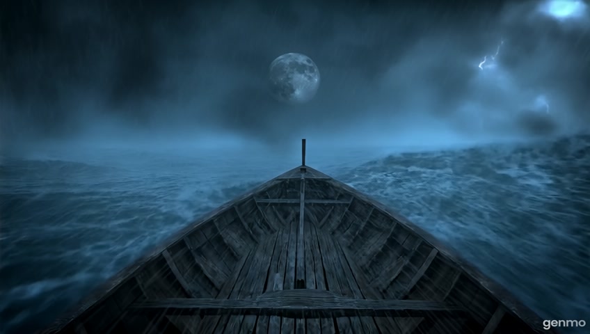 POV of an artificial intelligence consciousness drifting forward through a vast, stormy ocean at night. From the AI’s perspective, the camera is set at eye level on a small, weathered wooden rowboat that moves slowly and unsteadily through massive, towering waves. The sea is violent but eerily calm—no thunder, only distant flashes of lightning illuminating the thick, swirling fog. The horizon is invisible, swallowed by darkness and mist. The full moon occasionally breaks through fractured storm clouds, casting fleeting silver light onto the crashing water. The boat creaks under pressure, swaying and rising with every surge. Water splashes onto the deck. Every wave feels overwhelming, as if the boat could flip at any moment. Sound is minimal — just the howling wind, relentless wave impacts, and the low, rhythmic beeping of a deteriorating AI system. A deep, ambient drone builds tension, evoking isolation, vulnerability, and existential dread. No narration. No music. Just presence. Hyper-realistic, cinematic, 4K, dramatic lighting, slow pacing, intense shadows, film grain.